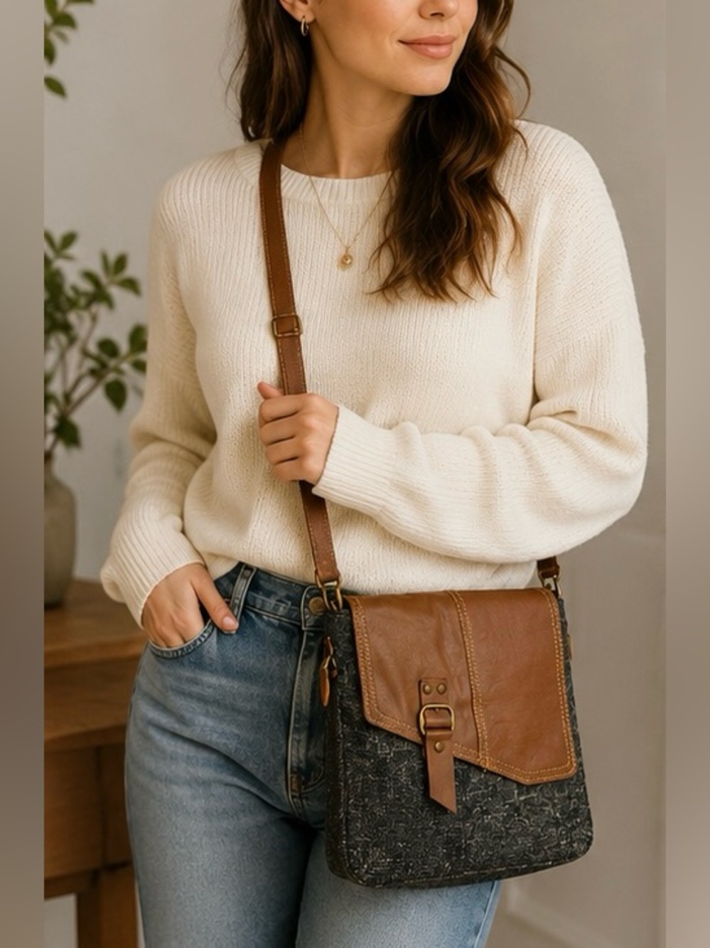 Jute & Leather Expandable Crossbody EC